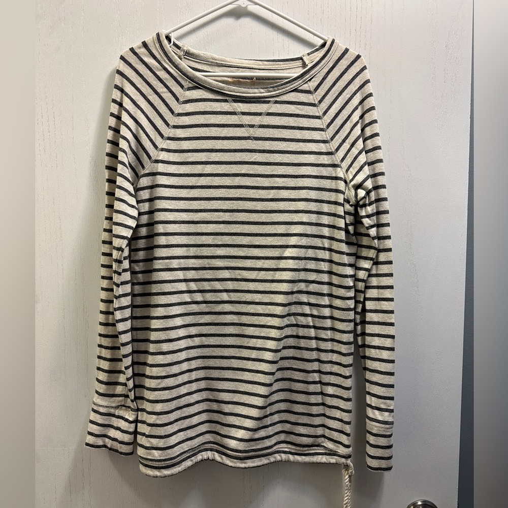 Ruff Hewn Long Sleeve shirt. Tan with Gray horizontal stripes. Drawstring bottom